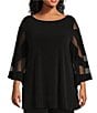 Color:Black - Image 1 - Plus Size Knit Boat Neck 3/4 Mesh Cut Out Sleeve Tunic