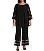 Color:Black - Image 3 - Plus Size Knit Boat Neck 3/4 Mesh Cut Out Sleeve Tunic