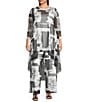 IC Collection Plus Size Printed Mesh Boat Neck 3/4 Sleeve High Low Coordinating Top, Color:Black - Image 3