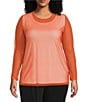 IC Collection Plus Size Sheer Knit Mesh Crew Neck Long Sleeve Top, Color:Coral - Image 1