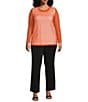 IC Collection Plus Size Sheer Knit Mesh Crew Neck Long Sleeve Top, Color:Coral - Image 3