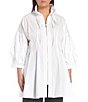 Color:White - Image 1 - Plus Size Shirred Stand Collar 3/4 Lantern Sleeve Waist Pleat Zip Front High-Low Tunic