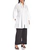 Color:White - Image 3 - Plus Size Shirred Stand Collar 3/4 Lantern Sleeve Waist Pleat Zip Front High-Low Tunic