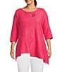 Color:Hot Pink - Image 1 - Plus Size Wave Textured Knit Boat Neck Toggle Button Trim 3/4 Sleeve Asymmetric Hem Tunic