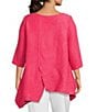 Color:Hot Pink - Image 2 - Plus Size Wave Textured Knit Boat Neck Toggle Button Trim 3/4 Sleeve Asymmetric Hem Tunic