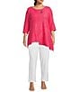 Color:Hot Pink - Image 3 - Plus Size Wave Textured Knit Boat Neck Toggle Button Trim 3/4 Sleeve Asymmetric Hem Tunic