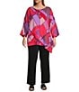 IC Collection Plus Size Woven Abstract Print Boat Neck 3/4 Sleeve Asymmetrical Hem Tunic, Color:Pink - Image 3