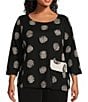 Color:Black - Image 1 - Plus Size Woven Dotted Mixed Print Crew Neck 3/4 Sleeve Top