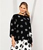 Color:Black - Image 6 - Plus Size Woven Dotted Mixed Print Crew Neck 3/4 Sleeve Top
