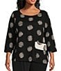 Color:Black - Image 1 - Plus Size Woven Dotted Mixed Print Crew Neck 3/4 Sleeve Top