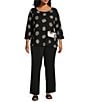 Color:Black - Image 3 - Plus Size Woven Dotted Mixed Print Crew Neck 3/4 Sleeve Top