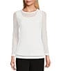 Color:White - Image 1 - Sheer Mesh Crew Neck 3/4 Sleeve Knit Top
