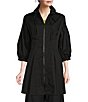 Color:Black - Image 1 - Shirred Stand Collar 3/4 Lantern Sleeve Waist Pleat Zip Front High-Low Overlay Tunic