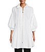Color:White - Image 1 - Shirred Stand Collar 3/4 Lantern Sleeve Waist Pleat Zip Front High-Low Overlay Tunic