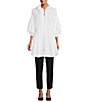 Color:White - Image 3 - Shirred Stand Collar 3/4 Lantern Sleeve Waist Pleat Zip Front High-Low Overlay Tunic