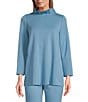 Color:Sky - Image 1 - Stretch Knit Stand Ruffled Mock Neck Long Sleeve Back Ribbon Tie Coordinating Tunic