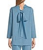 Color:Sky - Image 2 - Stretch Knit Stand Ruffled Mock Neck Long Sleeve Back Ribbon Tie Coordinating Tunic