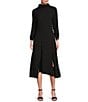Color:Black - Image 1 - Textured Bubble Check Pucker Woven Mock Neck 3/4 Sleeve Asymmetrical Hem Midi A-Line Dress
