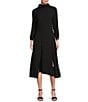 IC Collection Textured Bubble Check Pucker Woven Mock Neck 3/4 Sleeve Asymmetrical Hem Midi A-Line Dress, Color:Black - Image 1