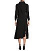 Color:Black - Image 2 - Textured Bubble Check Pucker Woven Mock Neck 3/4 Sleeve Asymmetrical Hem Midi A-Line Dress