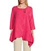 Color:Hot Pink - Image 1 - Wave Textured Knit Boat Neck Toggle Button Trim 3/4 Sleeve Asymmetric Hem Tunic