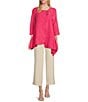 Color:Hot Pink - Image 3 - Wave Textured Knit Boat Neck Toggle Button Trim 3/4 Sleeve Asymmetric Hem Tunic