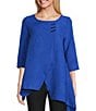 Color:Royal - Image 1 - Wave Textured Knit Boat Neck Toggle Button Trim 3/4 Sleeve Asymmetric Hem Tunic