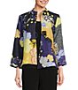 Color:Royal - Image 1 - Woven Floral Print Stand Collar 3/4 Sleeve Asymmetrical Hem One Button Front Statement Jacket