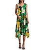 Color:Green - Image 1 - Woven Floral Print V-Neck Sleeveless Asymmetrical Hem A-Line Midi Dress