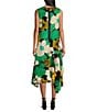 Color:Green - Image 2 - Woven Floral Print V-Neck Sleeveless Asymmetrical Hem A-Line Midi Dress