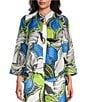 Color:Blue Multi - Image 1 - Woven Mesh Abstract Print High Round Neck Bracelet Length Sleeve Asymmetric One Button-Front Jacket