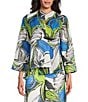 Color:Blue Multi - Image 4 - Woven Mesh Abstract Print High Round Neck Bracelet Length Sleeve Asymmetric One Button-Front Jacket