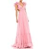 Mac Duggal Ieena Mac Duggal Chiffon V-Neck Sleeveless Cut-Out Strappy Back Detail Tiered Ruffle Hem Gown, Color:Blush - Image 1