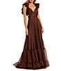 Mac Duggal Ieena Mac Duggal Chiffon V-Neck Sleeveless Cut-Out Strappy Back Detail Tiered Ruffle Hem Gown, Color:Chocolate - Image 1