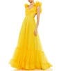 Color:Sunshine - Image 1 - Ieena Mac Duggal Chiffon V-Neck Sleeveless Cut-Out Strappy Back Detail Tiered Ruffle Hem Gown
