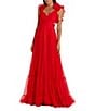 Mac Duggal Ieena Mac Duggal Chiffon V-Neck Sleeveless Cut-Out Strappy Back Detail Tiered Ruffle Hem Gown, Color:Red - Image 1