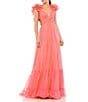 Mac Duggal Ieena Mac Duggal Chiffon V-Neck Sleeveless Cut-Out Strappy Back Detail Tiered Ruffle Hem Gown, Color:Coral - Image 1