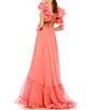 Mac Duggal Ieena Mac Duggal Chiffon V-Neck Sleeveless Cut-Out Strappy Back Detail Tiered Ruffle Hem Gown, Color:Coral - Image 2