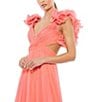 Mac Duggal Ieena Mac Duggal Chiffon V-Neck Sleeveless Cut-Out Strappy Back Detail Tiered Ruffle Hem Gown, Color:Coral - Image 3