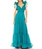 Color:Turquoise - Image 1 - Ieena Mac Duggal Chiffon V-Neck Sleeveless Cut-Out Strappy Back Detail Tiered Ruffle Hem Gown