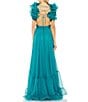 Color:Turquoise - Image 2 - Ieena Mac Duggal Chiffon V-Neck Sleeveless Cut-Out Strappy Back Detail Tiered Ruffle Hem Gown
