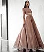 Color:Rose Gold - Image 5 - Ieena for Mac Duggal Crew Neck 3/4 Sleeve Shimmering Ball Gown