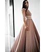 Color:Rose Gold - Image 6 - Ieena for Mac Duggal Crew Neck 3/4 Sleeve Shimmering Ball Gown