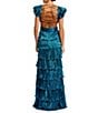 Mac Duggal Ieena for Mac Duggal Deep V-Neck Ruffle Shoulder Cap Sleeve Side Cut-Out Tiered Thigh High Slit Gown, Color:Blue - Image 2