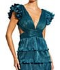 Mac Duggal Ieena for Mac Duggal Deep V-Neck Ruffle Shoulder Cap Sleeve Side Cut-Out Tiered Thigh High Slit Gown, Color:Blue - Image 3
