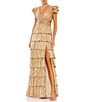 Color:Gold - Image 1 - Ieena for Mac Duggal Deep V-Neck Ruffle Shoulder Cap Sleeve Side Cut-Out Tiered Thigh High Slit Gown