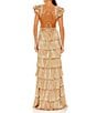 Color:Gold - Image 2 - Ieena for Mac Duggal Deep V-Neck Ruffle Shoulder Cap Sleeve Side Cut-Out Tiered Thigh High Slit Gown