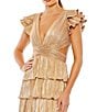 Color:Gold - Image 3 - Ieena for Mac Duggal Deep V-Neck Ruffle Shoulder Cap Sleeve Side Cut-Out Tiered Thigh High Slit Gown