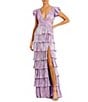 Ieena for Mac Duggal Deep V-Neck Ruffle Shoulder Cap Sleeve Side Cut-Out Tiered Thigh High Slit Gown - Image 1