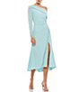Color:Powder Blue - Image 1 - Ieena for Mac Duggal Long Beaded Sleeve Asymmetrical One Shoulder Thigh High Slit Midi Dress